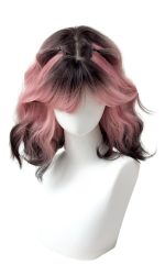 Pink Black Gradient Short Bob Wig Ombre Color Shoulder Length Curly Hair Natural Looking Synthetic Wig