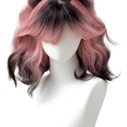 Pink Black Gradient Short Bob Wig Ombre Color Shoulder Length Curly Hair Natural Looking Synthetic Wig