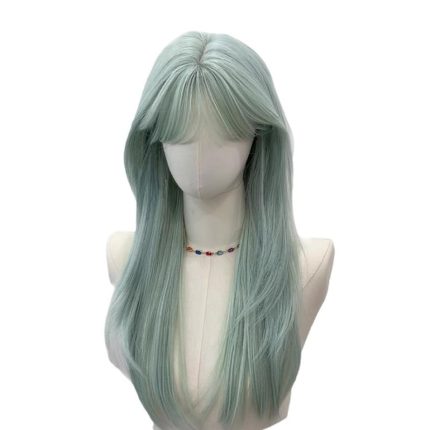 Mint Green Long Straight Wig for Women with Bangs Synthetic Hair Wig Natural Looking Heat Resistant Wigs for Daily Use