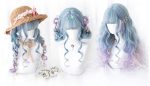 New Straight Pink Blue Color Wigs Lolita Harajuku Wig Hair Long curly Wig for women (purple grey blue)