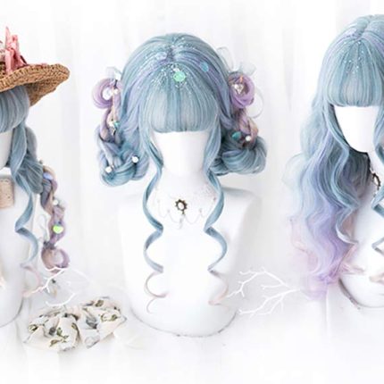 New Straight Pink Blue Color Wigs Lolita Harajuku Wig Hair Long curly Wig for women (purple grey blue)