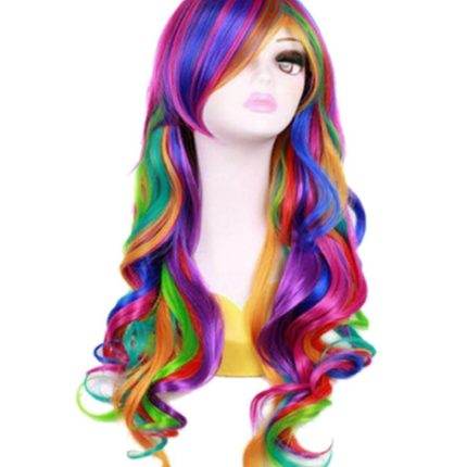Women Long 27.56''/70cm Rainbow Curly Wig, Colorful Wavy Heat Resistant Wig