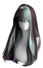 Women Lolita Wig Highlight Ombre Wig Long Straight Hair with Bangs Fiber Wigs for Daily Party (Brown Highlight Mint Blue)