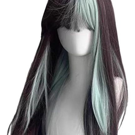 Women Lolita Wig Highlight Ombre Wig Long Straight Hair with Bangs Fiber Wigs for Daily Party (Brown Highlight Mint Blue)