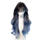 Black Blue Ombre Long Wavy Wig for Women Synthetic Curly Hair Wig with Bangs Natural Looking Heat Resistant Wigs for Daily Use