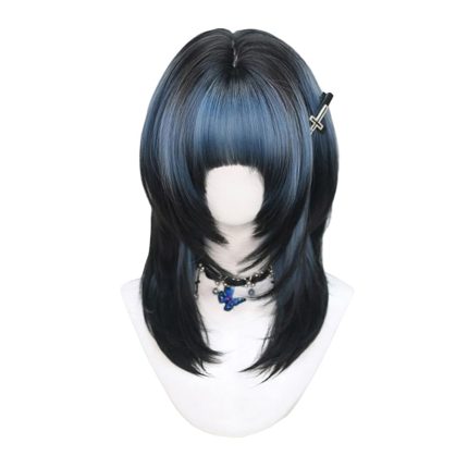 Short Blue Black Ombre Straight Wig with Bangs Lolita Layered Blue Gradient Wigs for Women Natural Looking Heat Resistant Synthetic Wig for Daily Use