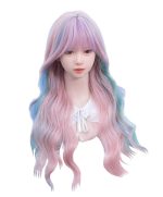 Rainbow Long Wavy Wig for Women Lolita Multicolor Synthetic Curly Hair Wig with Bangs Natural Looking Heat Resistant Wigs for Daily Use