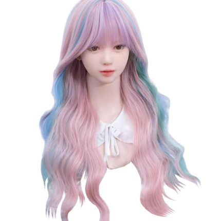 Rainbow Long Wavy Wig for Women Lolita Multicolor Synthetic Curly Hair Wig with Bangs Natural Looking Heat Resistant Wigs for Daily Use