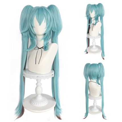 38Inch Long Green Ponytail Wig with Brown Highlights Long Blue Wig for Party Outfit 2 Ponytails Wigs with Bangs for Women Anime Wigs for Adult Halloween Costume+ Hair Cap