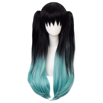 Black Ombre Blue Long Straight Wig with Ponytails for Men Long Ponytails Wig with Bangs Halloween  Costume Party Wigs