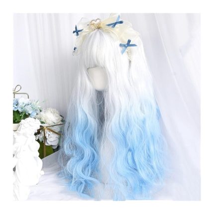 Wigs for Women White Gradient Blue  Wig, Synthetic Long Curly Wave Wig with Bangs Soft Natural High Temperature Synthetic Wig for Party Costume Halloween Use Wig for Daily Party Use