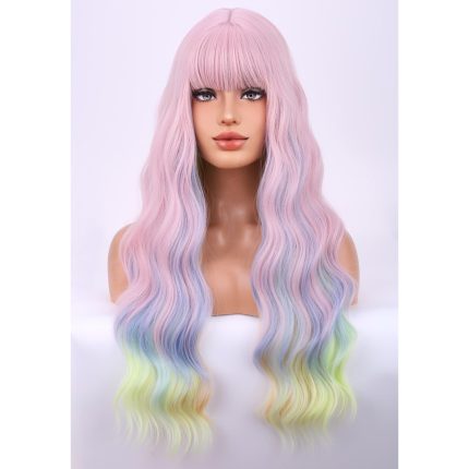 Rainbow Long Wigs Curly Wavy Women Pastel Wigs with Bangs Colorful Heat Resistant Synthetic for or Daily Wigs Wig Cap Included