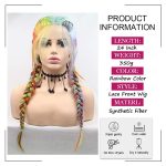 Rainbow Braided Wig for Women Glueless Hand-Braided Lace Front Wig Synthetic Colorful Double Braids Wig Heat Resistant Fiber Braiding Hair Wig Makeup Drag Queen (Rainbow) - Image 2