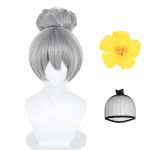 Short Grey Wig with Buns, Gray Straight Synthetic Wig with Bangs for Halloween Costume Party