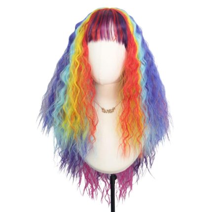 Rainbow Colors Long Curly 70s Punk Metal Rocker Wig - Adult Women Rocker Hair Wig for Halloween Costume Anime Party