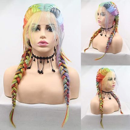 Rainbow Braided Wig for Women Glueless Hand-Braided Lace Front Wig Synthetic Colorful Double Braids Wig Heat Resistant Fiber Braiding Hair Wig Makeup Drag Queen (Rainbow)