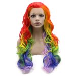 Long Colorful Rainbow Ombre Heat Friendly Fiber Lace front Party Wig