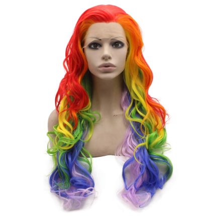 Long Colorful Rainbow Ombre Heat Friendly Fiber Lace front Party Wig