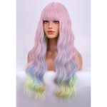 Rainbow Long Wigs Curly Wavy Women Pastel Wigs with Bangs Colorful Heat Resistant Synthetic for or Daily Wigs Wig Cap Included - Image 2