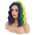 14 Inches Mardi Gras Colored Wig Short Curly Wig Purple Yellow Green Wigs for Women Daily Party or Hairnet Include