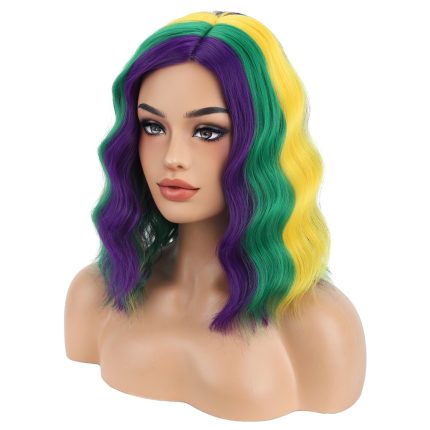14 Inches Mardi Gras Colored Wig Short Curly Wig Purple Yellow Green Wigs for Women Daily Party or Hairnet Include