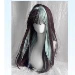 Women Lolita Wig Highlight Ombre Wig Long Straight Hair with Bangs Fiber Wigs for Daily Party (Brown Highlight Mint Blue) - Image 2