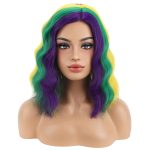 14 Inches Mardi Gras Colored Wig Short Curly Wig Purple Yellow Green Wigs for Women Daily Party or Hairnet Include - Image 2