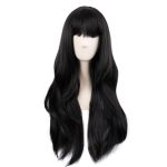 28 Inch/70 cm Long Curtain Bangs Synthetic Fiber Wavy Curly Heat Resistant Party Wig (Black)