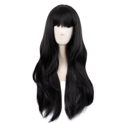 28 Inch/70 cm Long Curtain Bangs Synthetic Fiber Wavy Curly Heat Resistant Party Wig (Black)