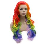 Long Colorful Rainbow Ombre Heat Friendly Fiber Lace front Party Wig - Image 2
