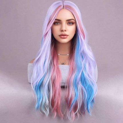 Rainbow Wigs for Women Girls Long Curly Wavy Colorful Wig for Women Girls Middle Part wig Multi-Color wig Heat Resistant Synthetic Wigs for Costume Party