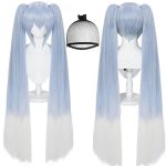 Hair Cap+48 inch Light Blue Gradient White Wig with Double Ponytails Woman Long Straight  Wig with Bangs Synthetic Wigs Women Costume Party Halloween Outfit