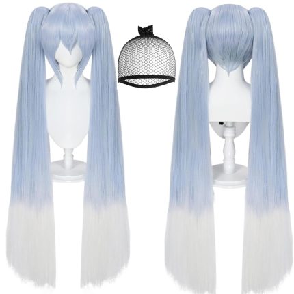 Hair Cap+48 inch Light Blue Gradient White Wig with Double Ponytails Woman Long Straight  Wig with Bangs Synthetic Wigs Women Costume Party Halloween Outfit