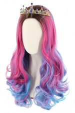 Wig and Crown Long Wavy Pink Mixed Blue Halloween Costume Party Wig Black Roots