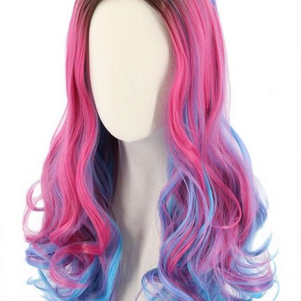 Wig and Crown Long Wavy Pink Mixed Blue Halloween Costume Party Wig Black Roots