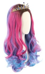 Wig and Crown Long Wavy Pink Mixed Blue Halloween Costume Party Wig Black Roots - Image 2