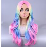 Rainbow Long Curly Wavy Wig Colorful Fun Wigs for Women Girls Middle Part Synthetic Halloween Party Wig