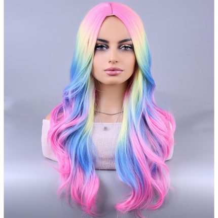Rainbow Long Curly Wavy Wig Colorful Fun Wigs for Women Girls Middle Part Synthetic Halloween Party Wig