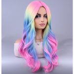 Rainbow Long Curly Wavy Wig Colorful Fun Wigs for Women Girls Middle Part Synthetic Halloween Party Wig - Image 2