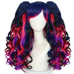 Hair Cap+Mix Blue Lolita Wigs for Women Dark Blue Mixed with Red Wig with Ponytails Long Curly Hair with Bangs Dark Blue Mixed Red Purple Ponytails Wig Anime Outfit for Halloween Party