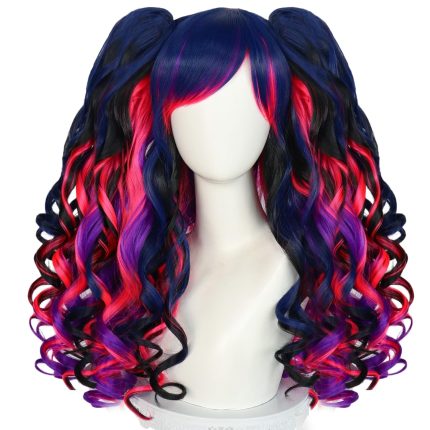 Hair Cap+Mix Blue Lolita Wigs for Women Dark Blue Mixed with Red Wig with Ponytails Long Curly Hair with Bangs Dark Blue Mixed Red Purple Ponytails Wig Anime Outfit for Halloween Party