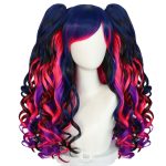 Hair Cap+Mix Blue Lolita Wigs for Women Dark Blue Mixed with Red Wig with Ponytails Long Curly Hair with Bangs Dark Blue Mixed Red Purple Ponytails Wig Anime Outfit for Halloween Party - Image 2