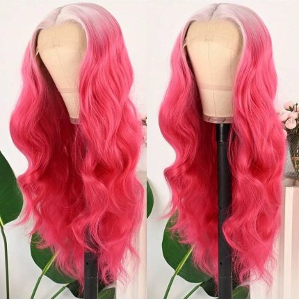 Synthetic Wig 13X4 Transparent Lace Front Wig Ombre Pink To White Body Wave Synthetic Hair, Pre-Plucked Glueless 28 Inch Long Wavy With 180% Density Wigs For Women