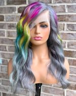 Rainbow Wigs 150% Density Body Wave Lace Front Wig Human Hair Wigs For White Women Colorful Mixed Gray Wig Transparent Lace Front Wigs Human Hair Pre Plucked(26inch, Gray Rainbow) - Image 2
