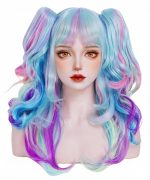 Long Wavy Rainbow Pigtail Wigs for Women with 2 Claw Ponytails Colorful Synthetic Hair wig with bang fits for or Cotume Party