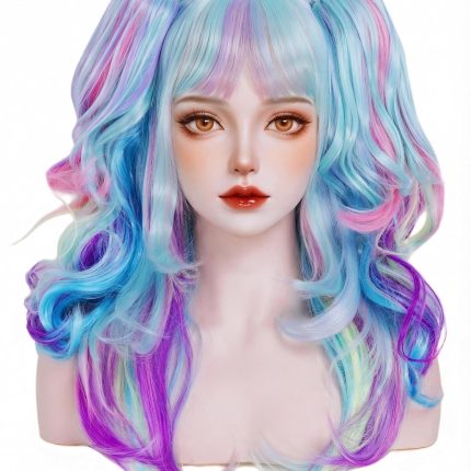 Long Wavy Rainbow Pigtail Wigs for Women with 2 Claw Ponytails Colorful Synthetic Hair wig with bang fits for or Cotume Party