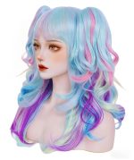 Long Wavy Rainbow Pigtail Wigs for Women with 2 Claw Ponytails Colorful Synthetic Hair wig with bang fits for or Cotume Party - Image 2