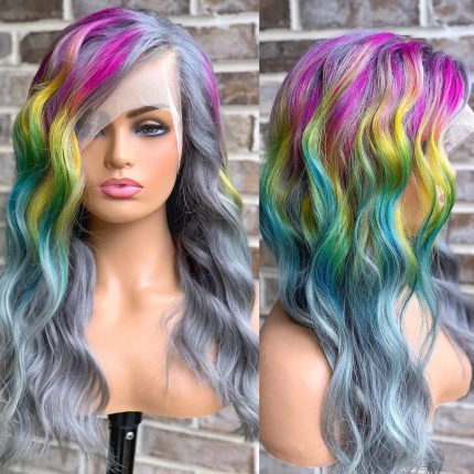 Rainbow Wigs 150% Density Body Wave Lace Front Wig Human Hair Wigs For White Women Colorful Mixed Gray Wig Transparent Lace Front Wigs Human Hair Pre Plucked(26inch, Gray Rainbow)